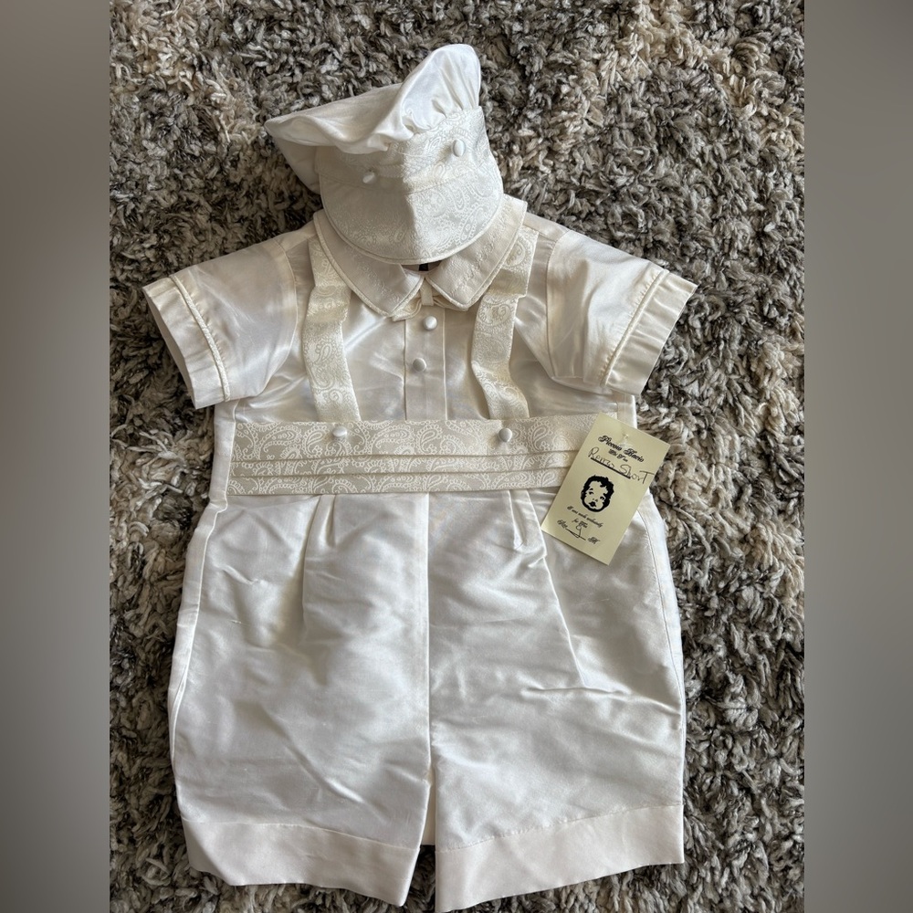 Elegant Cream Baby Boy Christening Baptism Outfit with Hat